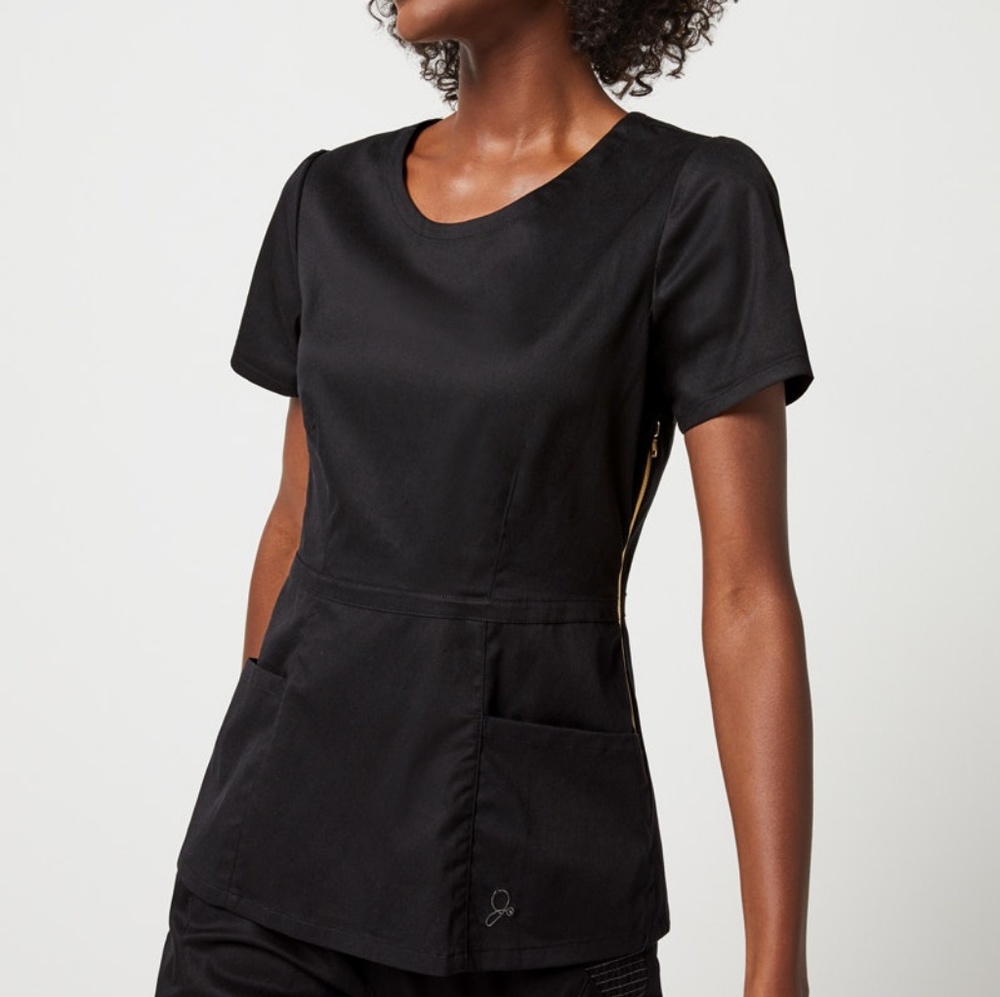 Jaanuu Peplum side zipper black scrub top XS